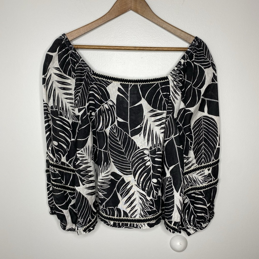 Cynthia Rowley 100% Linen Top Off Shoulder Black Floral Tropical XL